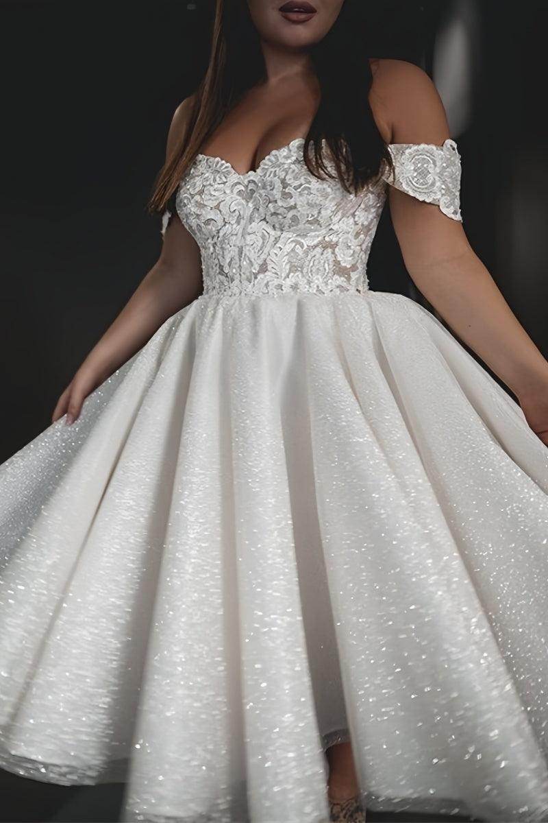 A-Line Off-The-Shoulder Tea-Length Wedding Dress CW3397 - COCOMELODY